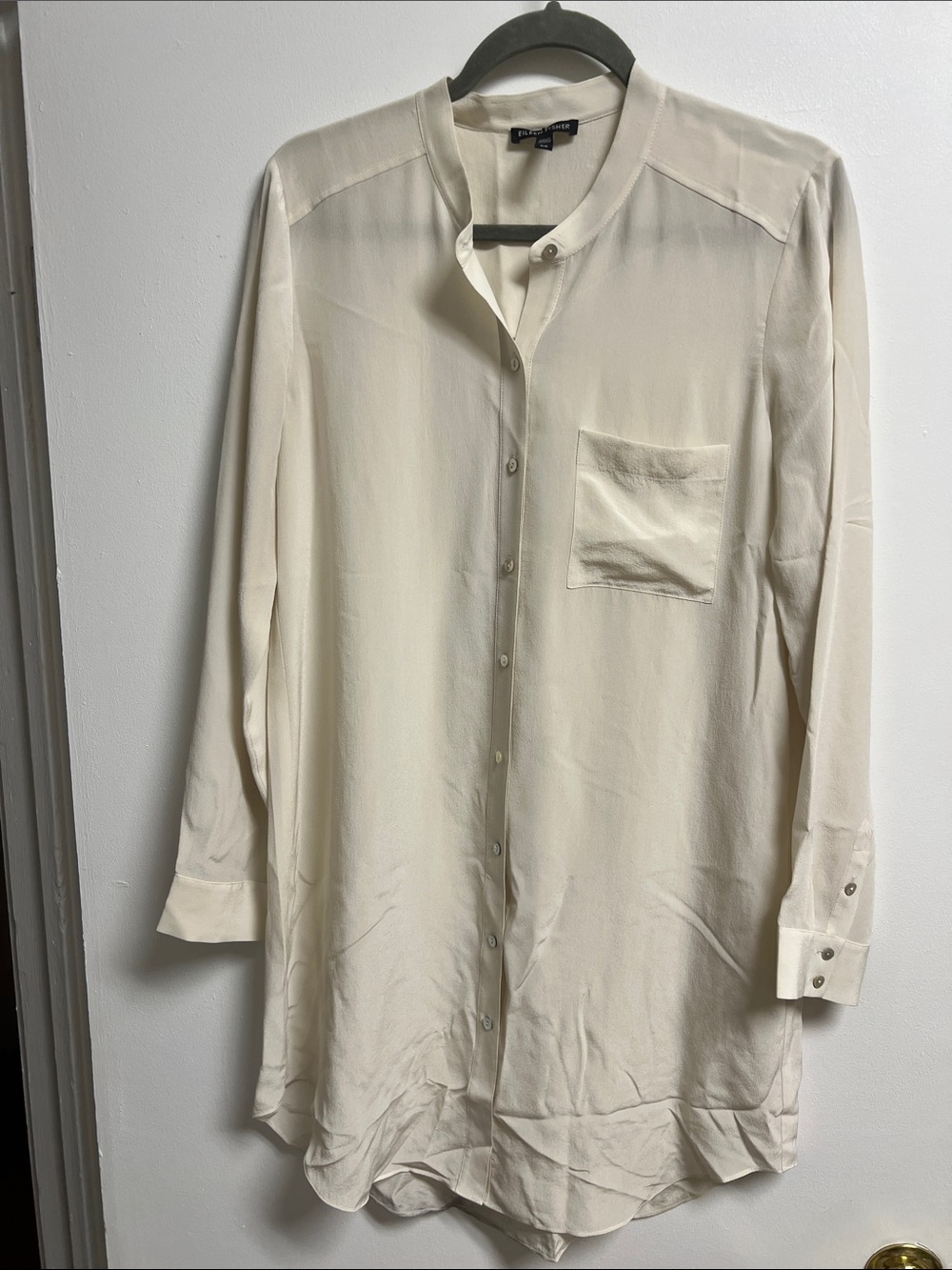Eileen Fisher Cream Long-Sleeve 00% Silk Button-Front Long Sleeve Shirt Dress S